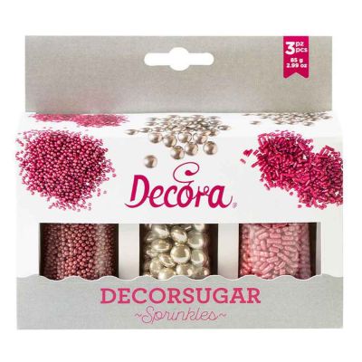 Set lenti al cioccolato argento, perline e bastoncini rosa in zucchero 85 g Decora