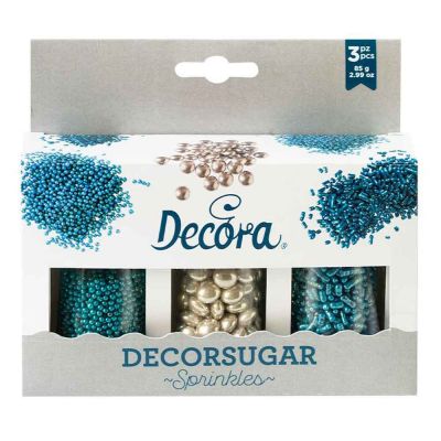 Set lenti al cioccolato argento perline e bastoncini turchese in zucchero 85 g Decora