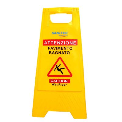 Segnaletica pericolo pavimento bagnato giallo Sanitec frontale