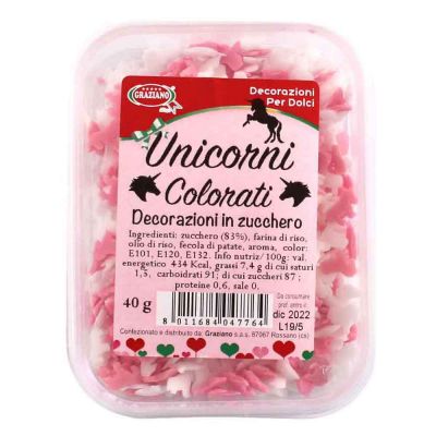 Unicorni di zucchero colorati bianchi e rosa per decorazione torte 40 g