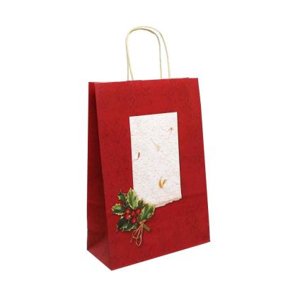 Shopper buste in carta natalizie Holly rosso con manici 22x10 h32 cm